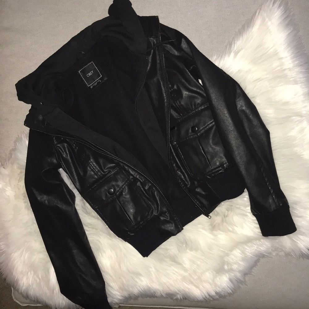 Obey Faux Leather Jacket With Hoodie
